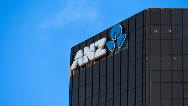 ANZ Bank New Zealand sign and logo on office building in capital city of Wellington, New Zealand Aotearoa - taken on 13 August 2024