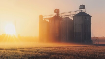 A tranquil scene of a rural granary bathed in the golden light of a misty sunrise, creating an idyllic and peaceful atmosphere.