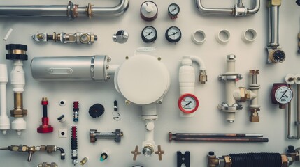 Various neatly organized plumbing components and gauges are displayed against a white backdrop, showcasing precision and functionality.