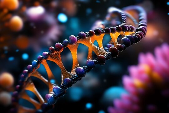 A fantasy depiction of the evolution of life, with a DNA strand stretching across different eras, from single-celled organisms to complex creatures