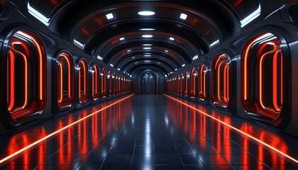 A narrow corridor features illuminated red accents and shiny black surfaces, creating a high-tech environment that suggests an advanced or sci-fi setting