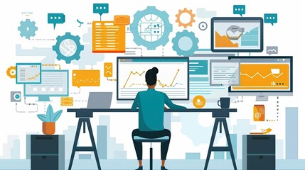 Marketing automation tools, streamlining repetitive tasks, flat design illustration