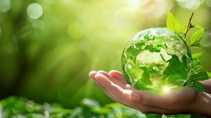 Hands holding a green glass Earth encircled by leaves. The background features a lush, green, bokeh effect. Concept of environmental care and sustainability