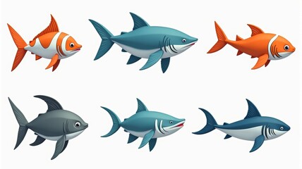 Colorful Cartoon Fish and Sharks Illustration - Various Marine Life Designs for Education and Decor