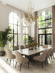 Fototapeta premium Luxury minimalist dining room, two floor high ceiling. Garden, courtyard view outside the window. Spacious dining table. 