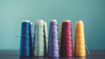Vibrant spools of thread stand side by side against a teal background, offering a colorful selection for sewing projects.