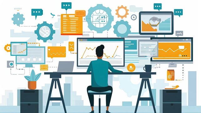 Marketing automation tools, streamlining repetitive tasks, flat design illustration