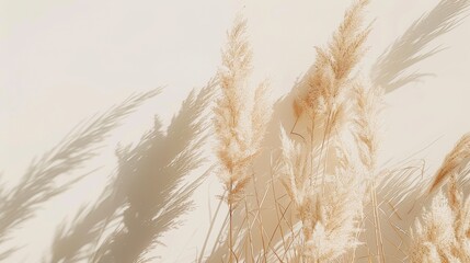 Soft sunlight filters through dried pampas grass, casting gentle shadows on a pristine cream-colored wall for a tranquil and elegant composition.
