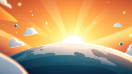 A charming, animated illustration of the sunrise over Earth, depicted with clouds and sparkles, evoking a sense of wonder and imagination, perfect for creative visual projects.