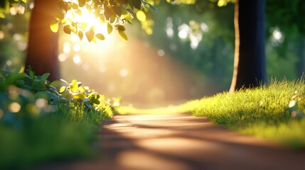 Obraz premium A sunlit forest path blanketed by lush green foliage and bathed in warm sunlight, inviting a serene walk through the tranquil woods filled with the beauty of nature.