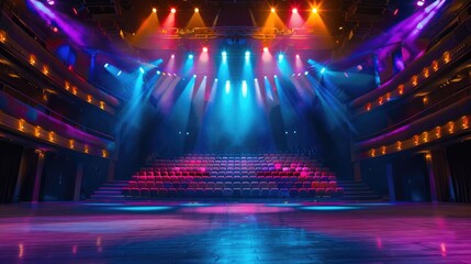Colorful spotlights shine on empty seats on mesmerizing theater stage