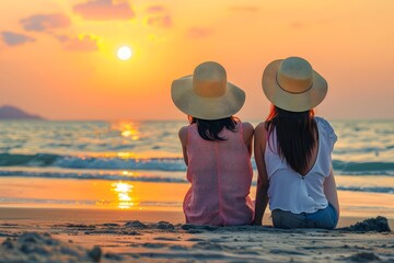 Fototapeta premium image of back view of unrecognizable mother and daughter in casual clothes and sunhats sitting on beach during sunset