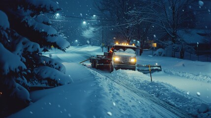 A snowplow labors through a densely snow-covered street at night, its lights casting a warm glow amidst the heavy snowfall.