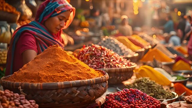 A woman in a colorful headscarf attends to a stall overflowing with vibrant spices at a bustling market.