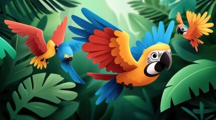Three colorful parrots with blue, yellow, and red feathers fluttering in a lush green jungle, with tropical leaves creating an exotic backdrop full of life.