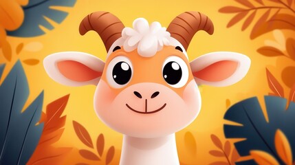 A happy cartoon goat with big, expressive eyes stands against an orange background, smiling warmly. The image captures a sense of playfulness and joyfulness in an indoor setting.
