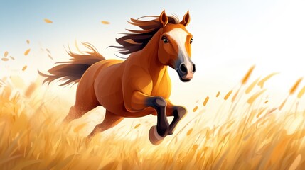 A lively animated horse joyfully runs through golden fields, capturing a moment of playfulness and freedom, with the vibrant colors and artistic style enhancing the scene.