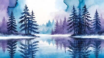 Pine trees reflected on a frozen lake in a winter landscape