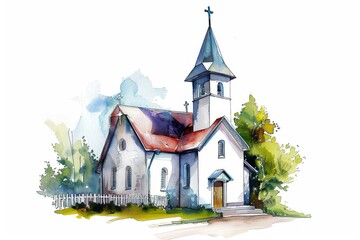A watercolor painting of a white church with a tall spire against a white background. Children's Book Illustration