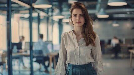 Fototapeta premium A poised woman in a contemporary office setting exudes confidence and professionalism as she gazes forward, epitomizing modern work culture.