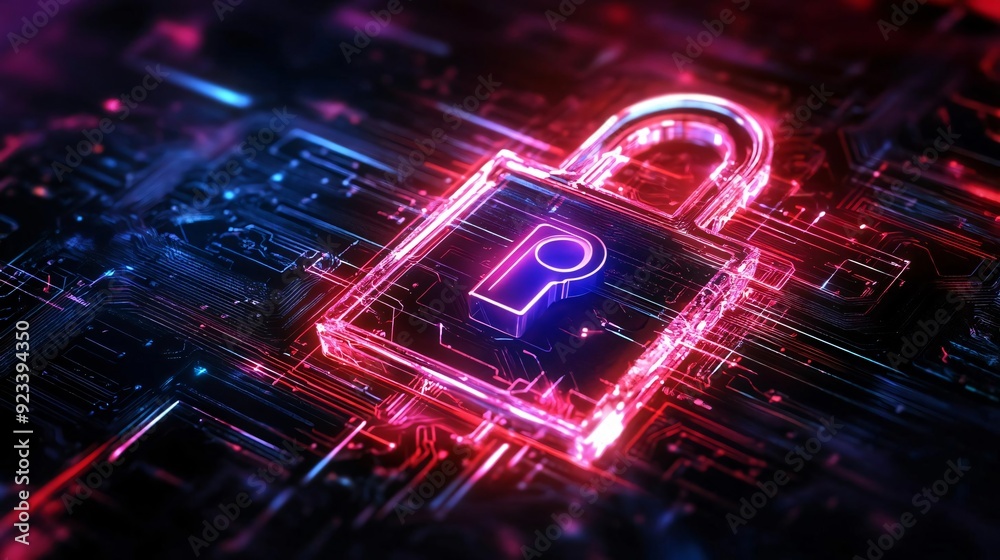 Poster futuristic padlock symbolizing digital security and encryption in a vibrant neon style with circuitr