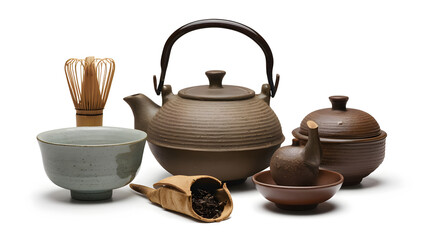 Classic Tea Ceremony Utensils Set: Bamboo Whisk, Ceramic Bowl, Scoop, Teapot, Caddy on Isolated Background