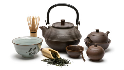 Set of Asian Tea Ceremony Items: Bamboo Whisk, Ceramic Bowl, Scoop, Teapot, Caddy on Isolated Surface