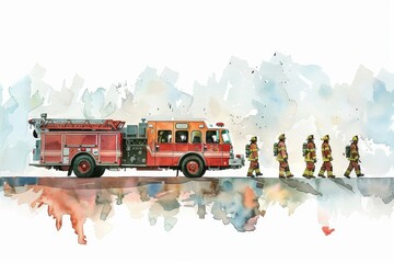 Watercolor painting of a red fire engine and firefighters on watercolor background. Children's Book Illustration