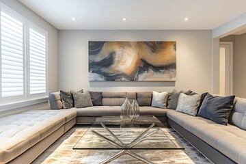 High-resolution photograph of a modern living room with a sleek sectional sofa, glass coffee table, and abstract art on the wall. Ensure good lighting and a clean, minimalistic design. 