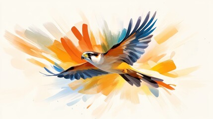 Obraz premium An abstract animated bird is shown flying through colorful splashes, symbolizing independence and exuberance with artistic vibrant strokes of orange, blue, and yellow.