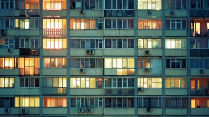 An apartment block facade with variously lit windows in the evening, capturing the essence of urban density and evening routines.