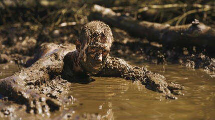 A person fully covered in thick mud, crawling through a muddy swamp, intensely focused and determined amidst the murky water.