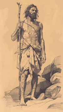 Illustration of Baptism of Jesus by St. John the Baptist in the Jordan River, Biblical Illustration, Beige Background, Copyspace