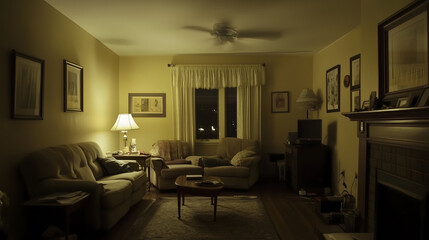 Fototapeta premium An eleveated security camera view with nightvision shows a small empty townhouse living room.