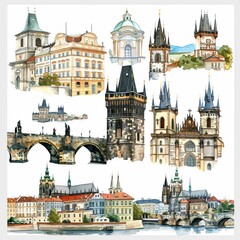 Fototapeta premium Historic buildings and landmarks in detailed watercolor