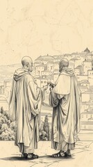 Illustration of Practicing Medicine of St. Cosmas and Damian in 3rd-Century Roman Village, Biblical Illustration, Beige Background, Copyspace