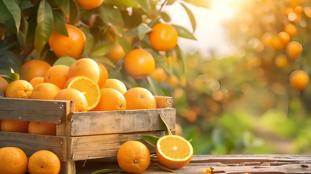 A wooden crate filled with ripe oranges sits on a table in an orchard, surrounded by orange trees.