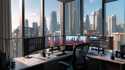 Obraz premium A modern office setup with multiple monitors displaying cityscapes, surrounded by large windows offering a stunning view of a bustling downtown skyline.