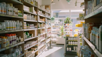 Sunlight illuminates an organized pharmacy aisle filled with a variety of health and wellness products on neatly arranged shelves.
