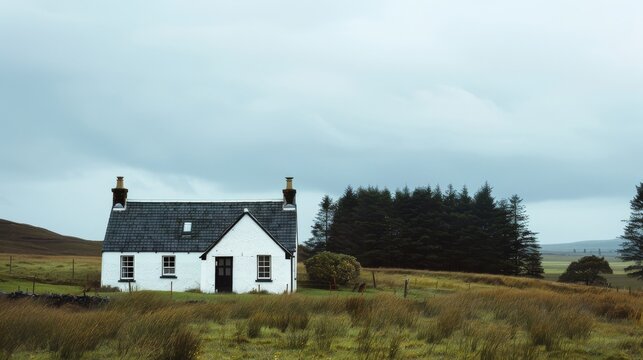 A solitary white cottage sits peacefully in a lush, green landscape under a cloudy sky, with a dense thicket of trees in the background. - Powered by Adobe