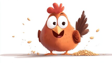 An animated chicken is shown standing besides a small pile of grains with a happy expression. The playful setting provides a cute and jovial tone, ideal for friendly visuals.