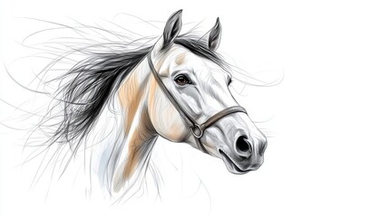 This digital artwork features a white horse with a flowing black mane, portraying its majestic and elegant nature with fine details and artistic brush strokes. A beautiful representation.