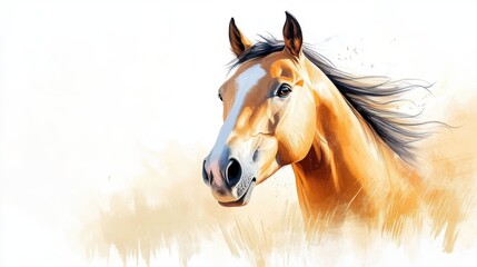 Obraz premium A stunning digital painting of a majestic horse with a flowing mane, capturing the essence of strength and freedom. This artwork blends realism with an artistic touch.