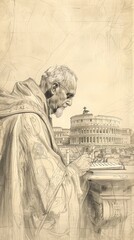 Fototapeta premium Illustration of Writing of St. Gregory the Great in Ancient Rome, Biblical Illustration, Beige Background, Copyspace