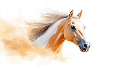 Obraz premium This image captures a horse in fluid motion, with its mane and tail streaming behind, showcasing its speed and beauty. Ideal for depicting motion and natural elegance in art.