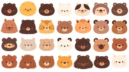 Fototapeta premium Charming cartoon animal faces arranged on a white background for a playful design.