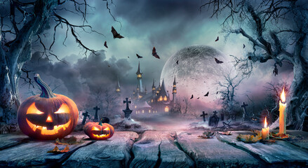 Halloween Scene - Graveyard At Moonlight - Contain Unrecognizable, Deformed Church With Reassembled...
