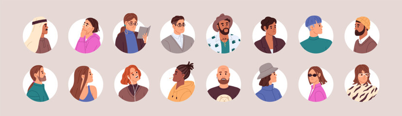 Fototapeta premium Avatars of diverse people with round form of frame set. Different men and women portraits in circle shape. Various male and female faces, heads for user profile. Flat isolated vector illustrations