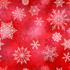 Christmas seamless pattern of beautiful complex white snowflakes on red background. Winter illustration with falling snow.