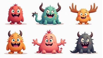 Obraz premium Cute Cartoon Monster Illustrations in Various Colors and Poses, Perfect for Children's Books, Games, and Party Decorations